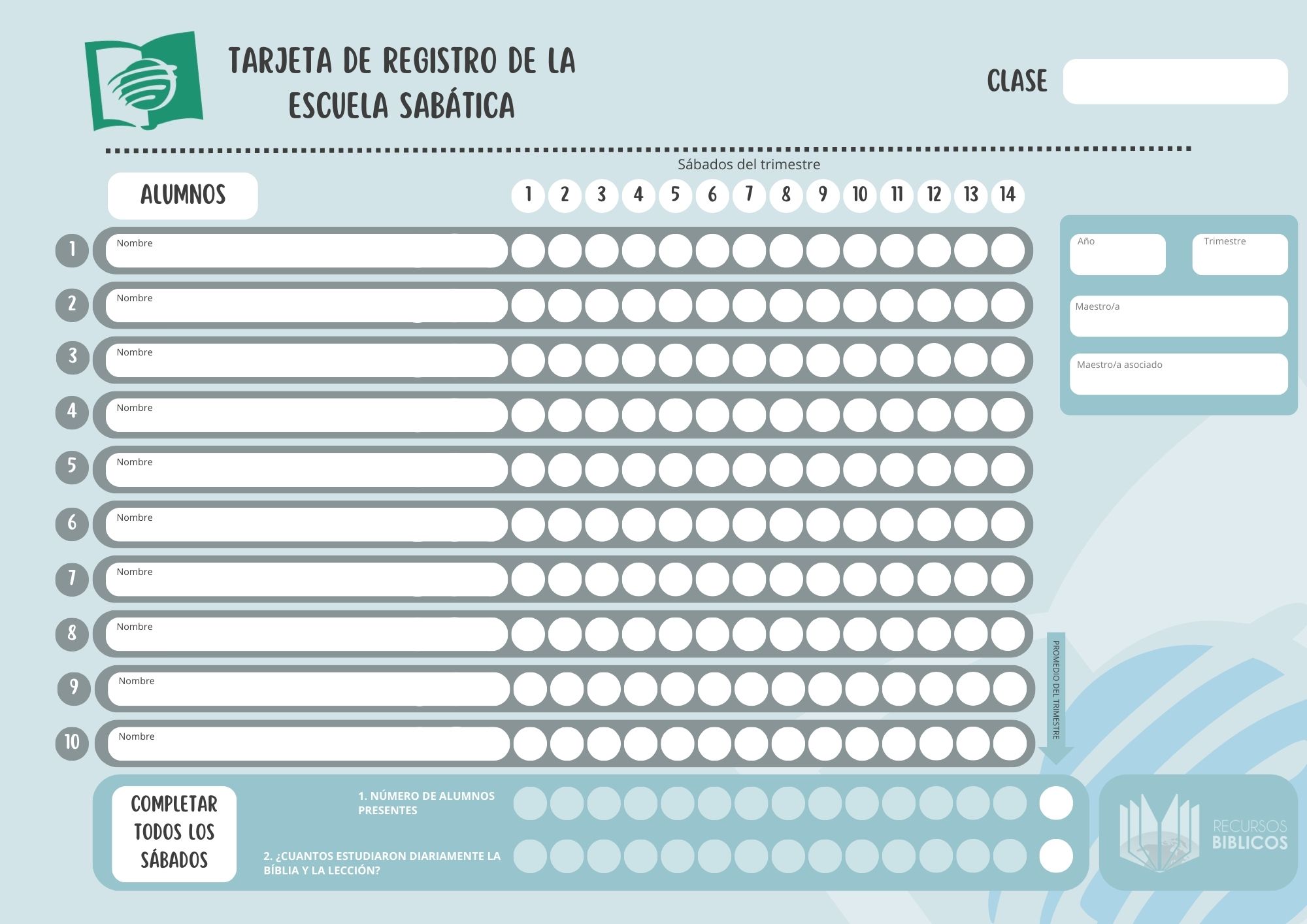 Tarjeta de Registro de la Escuela Sabática PDF para imprimir